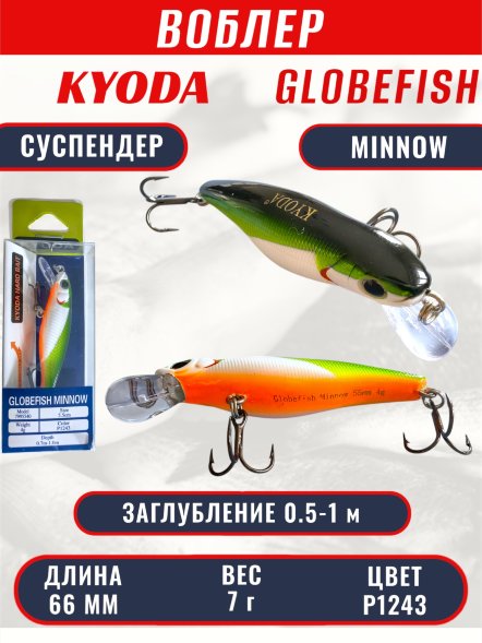 Воблер KYODA Globefish Minnow-66SP, длина 6,6 см, вес 7.0 гр цвет P1243, заглубление 0,5-1,0 м